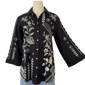 Johnny Was Kimono Sleeve Button-Down Linen Shirt Black White Embroidery S NWT